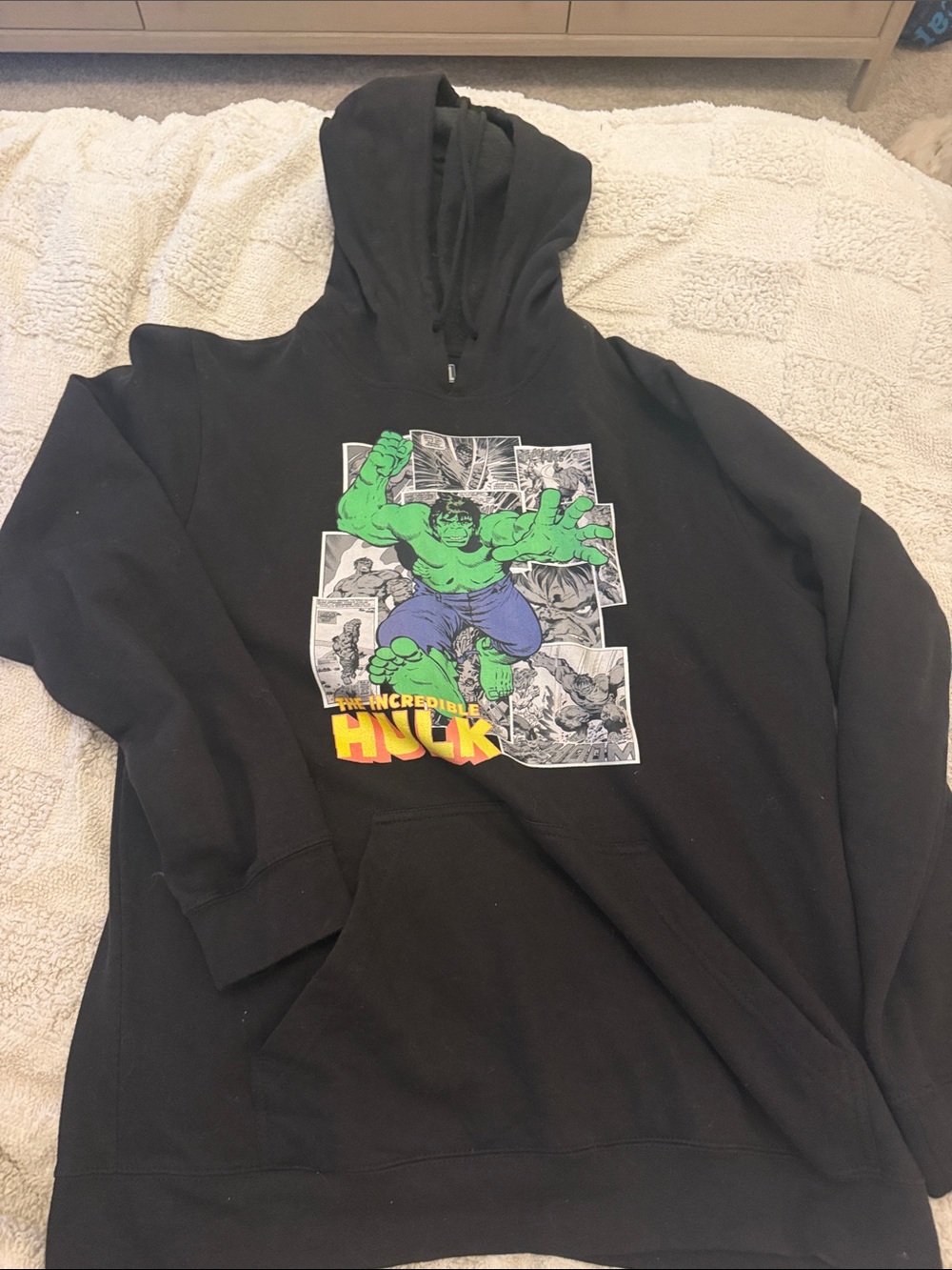 Marvel Black Hoodie with Green Hulk Graphic and Yellow-Red Logo